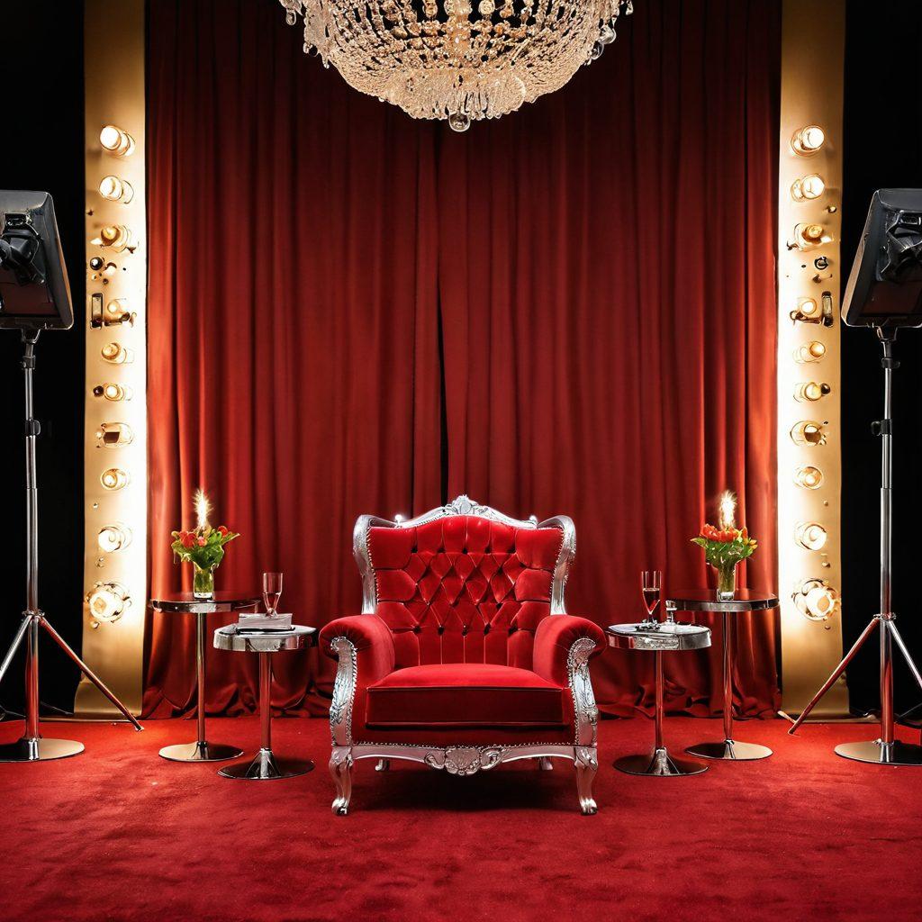 A glamorous red carpet scene filled with dazzling celebrities posing for cameras, surrounded by flashing lights and a luxurious backdrop. Include a chic interview setup with plush chairs and elegant decor, showcasing the essence of fame and exclusivity. Capture an atmosphere of excitement and intrigue through vibrant colors and dynamic angles. super-realistic. vibrant colors. cinematic style.