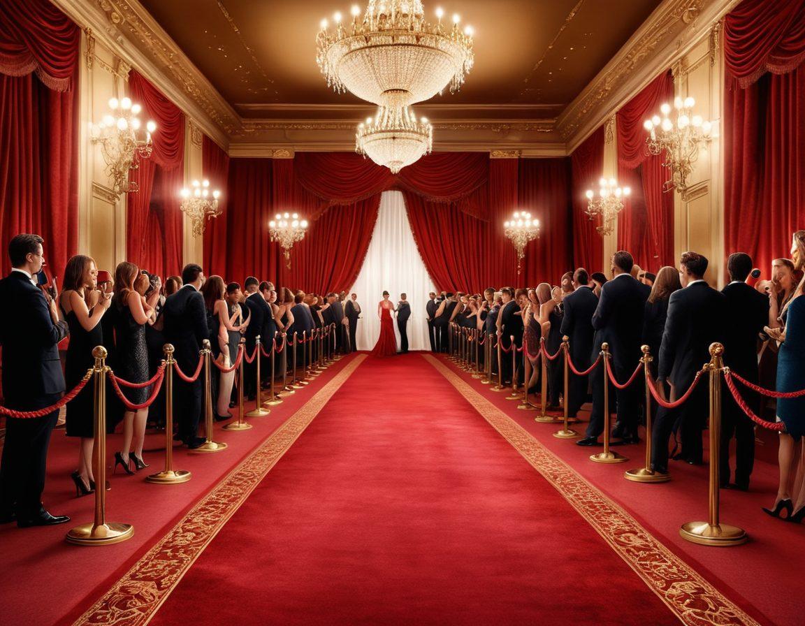 A luxurious red carpet event scene, with elegant celebrities posing for photographers, dazzling lights illuminating the glamorous atmosphere, and a backdrop of an opulent venue. Include glimpses of stylish fashion and paparazzi capturing the moment, while a velvet rope separates the stars from enthusiastic fans. Capture the excitement and allure of fame. super-realistic. vibrant colors.