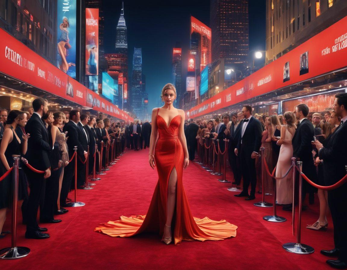 A dazzling red carpet scene filled with glamorous celebrities in stunning outfits, surrounded by flashing cameras and reporters. In the background, a vibrant city skyline illuminated by night, with hints of scandalous tabloid headlines subtly integrated into the atmosphere. The mood is electric yet glamorous, capturing the essence of celebrity culture. super-realistic. vibrant colors. cinematic style.